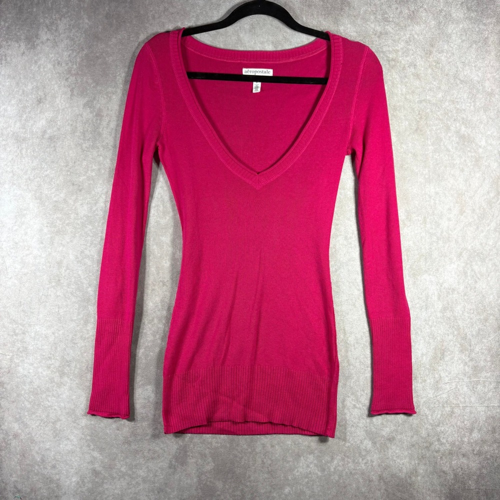 Aeropostale Sweater Women Small Pink V-Neck Pullover y2k Long Sleeve Ribbed Trim
